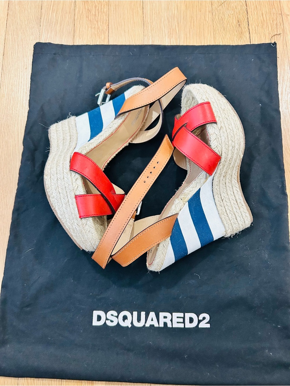 DSQUARED2 Red, Tan & Blue Striped Espadrille Wedge Sandals